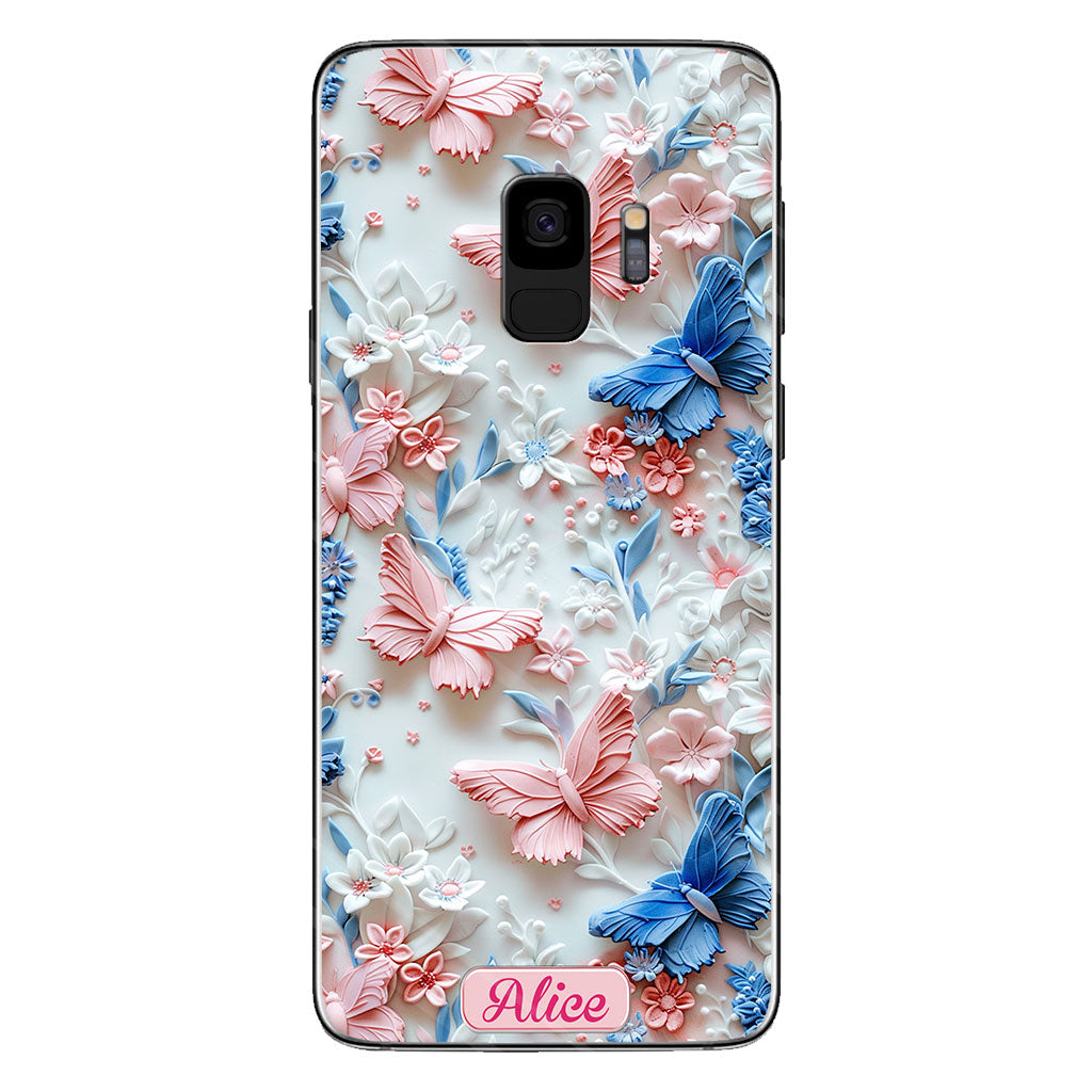 Coque de téléphone transparente personnalisée avec papillons roses et bleus
