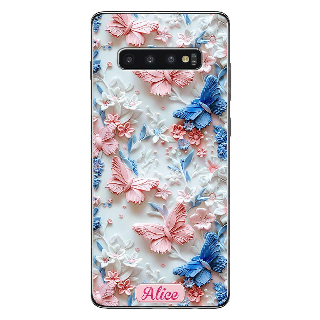 Coque de téléphone transparente personnalisée avec papillons roses et bleus