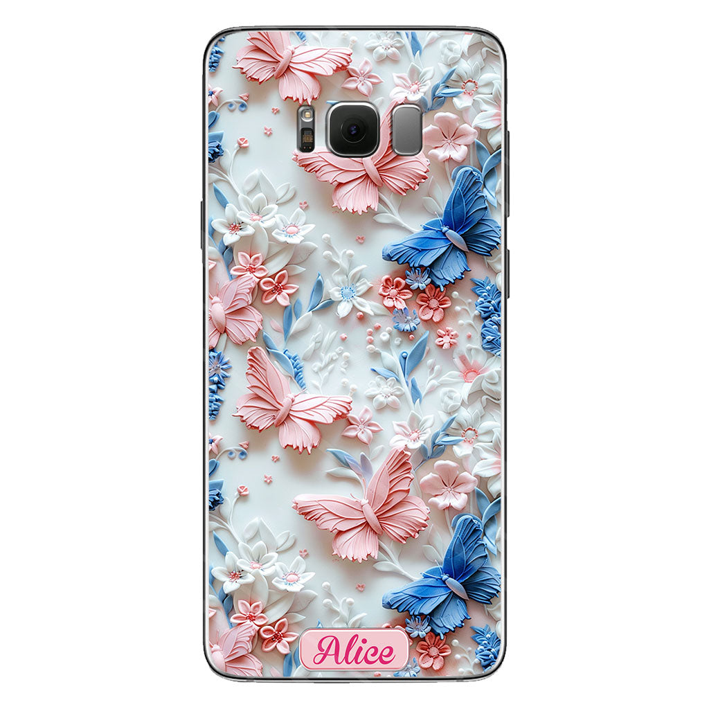Coque de téléphone transparente personnalisée avec papillons roses et bleus