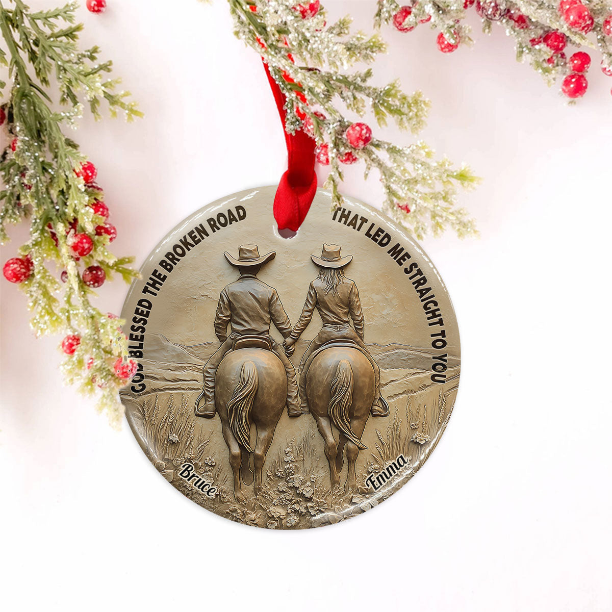 Dieu a béni le chemin sinueux qui m'a mené jusqu'à toi - Ornement rond en céramique personnalisé pour couple