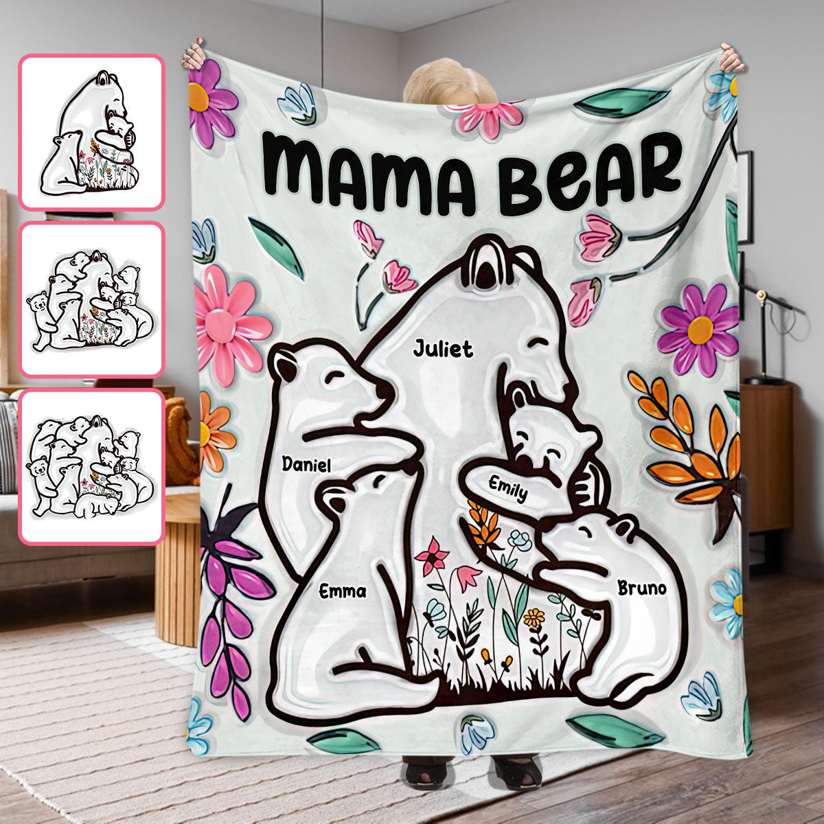 Couverture personnalisée « Maman ourse câlinant ses petits » style floral