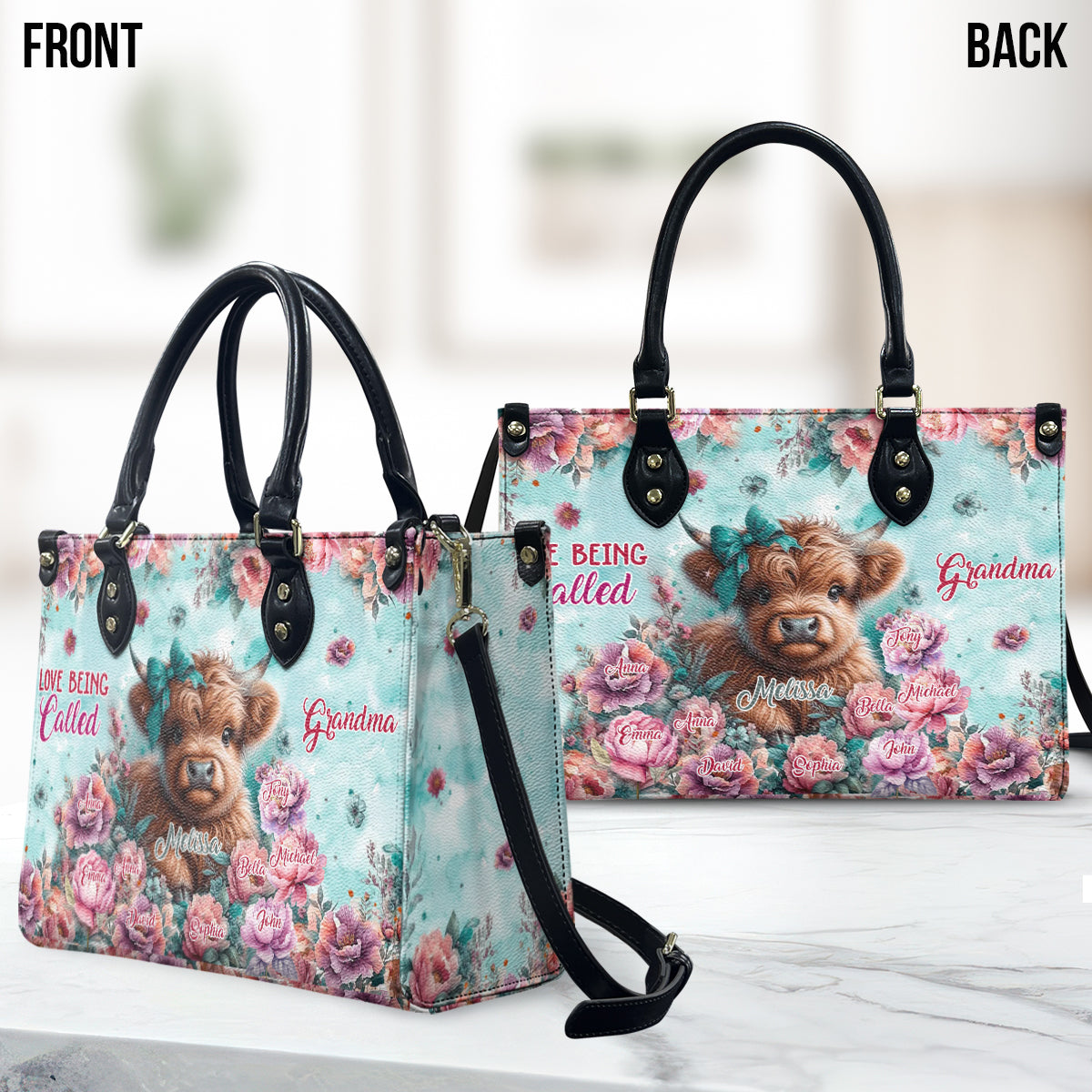 Sac à main en cuir personnalisé « J'adore qu'on m'appelle Mamie Highland Cow »