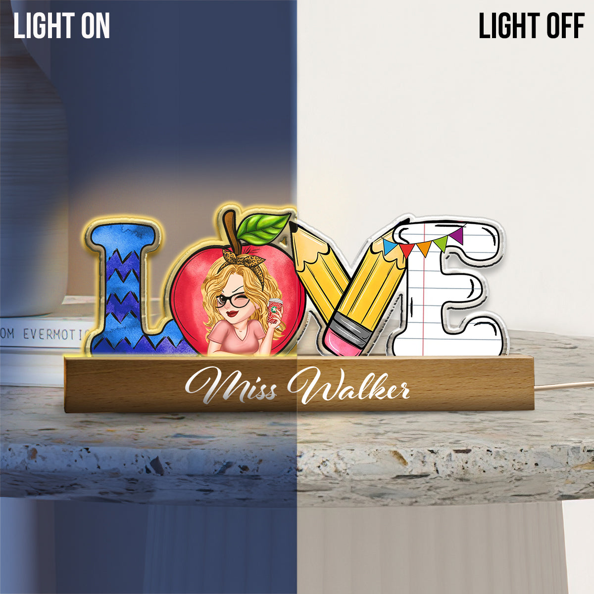 Veilleuse LED personnalisée en forme d'enseignant « J'aime enseigner la vie »