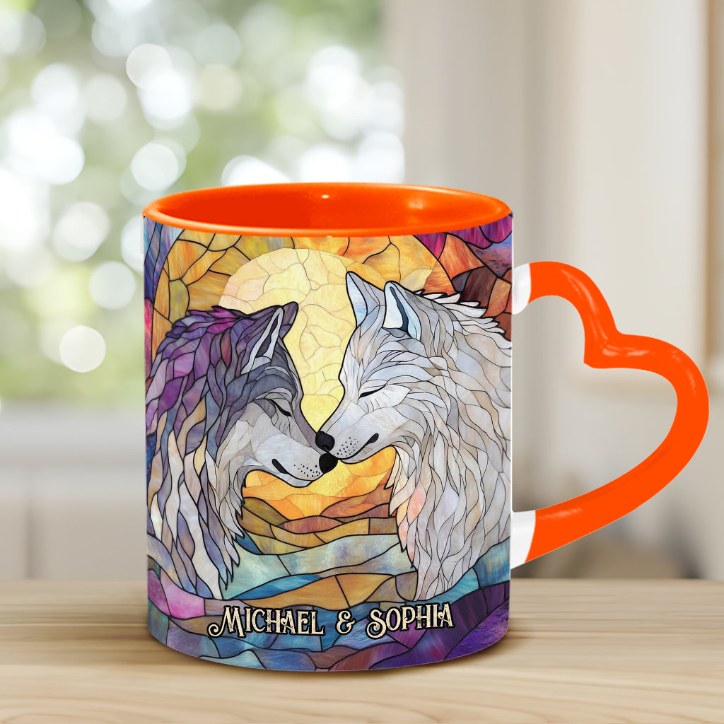 Wolf He Keeps Me Safe She Keeps Me Wild - Personalized Couple Heart Handle Mug