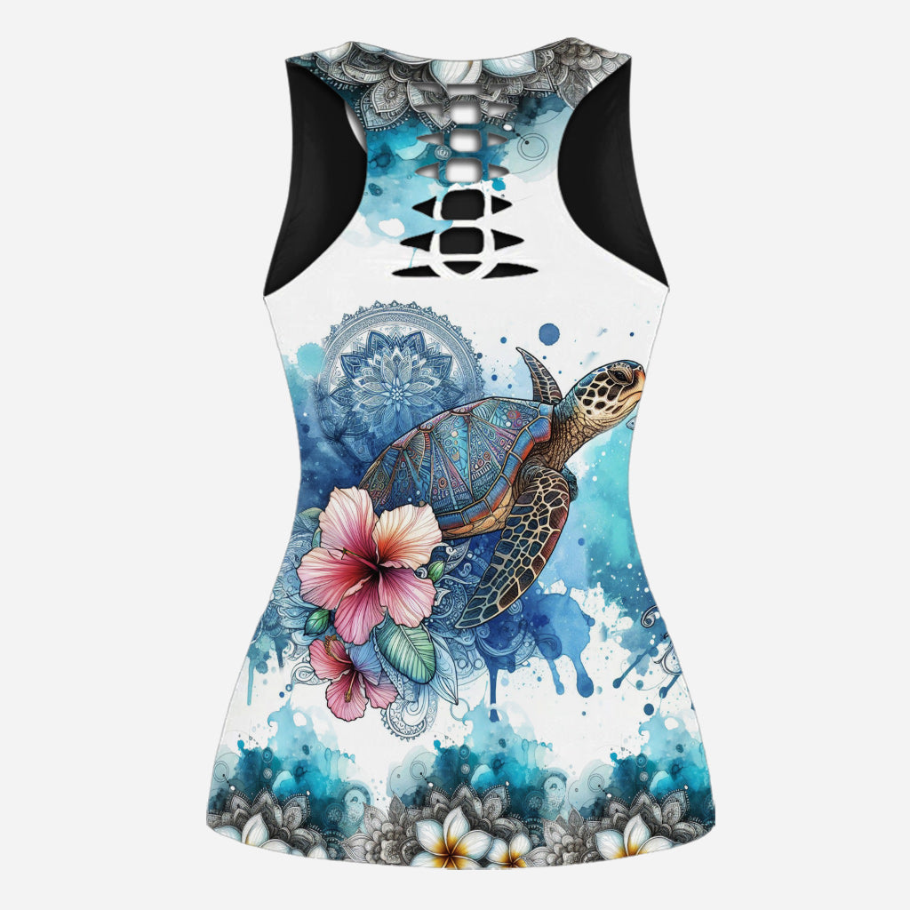 Débardeur et legging personnalisés Tortue marine Mandala Fleurs tropicales - Débardeur et legging ajourés Tortue ajourée personnalisés