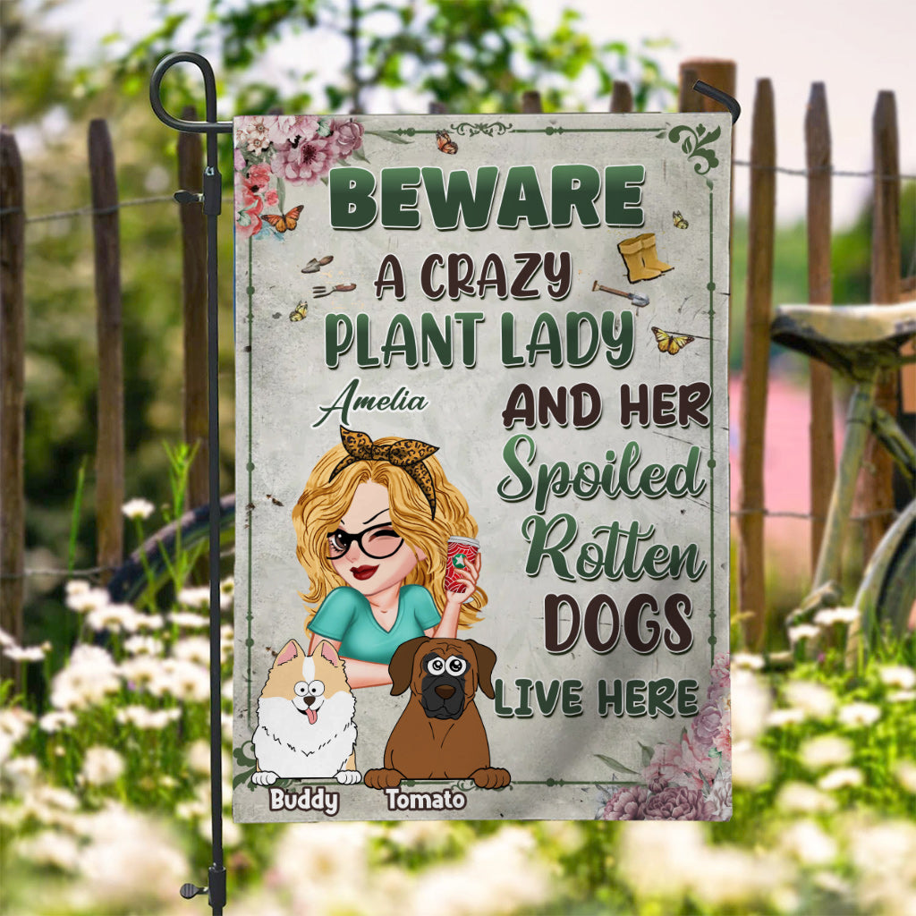 La folle aux plantes et ses chiens - Drapeau de jardin personnalisé