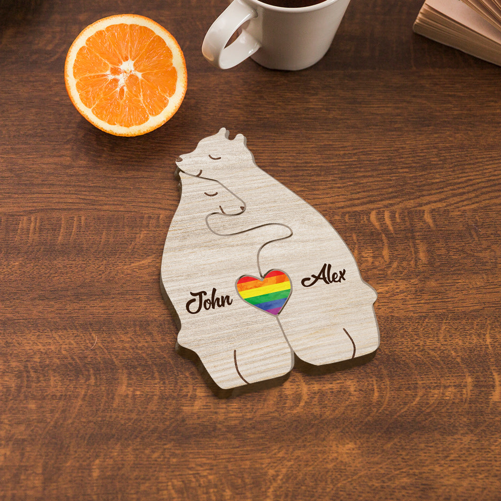 L'amour triomphe - Oursons câlins - Drapeau de la fierté personnalisé - Puzzle en bois en forme de drapeau LGBT - Soutien personnalisé à la communauté LGBT