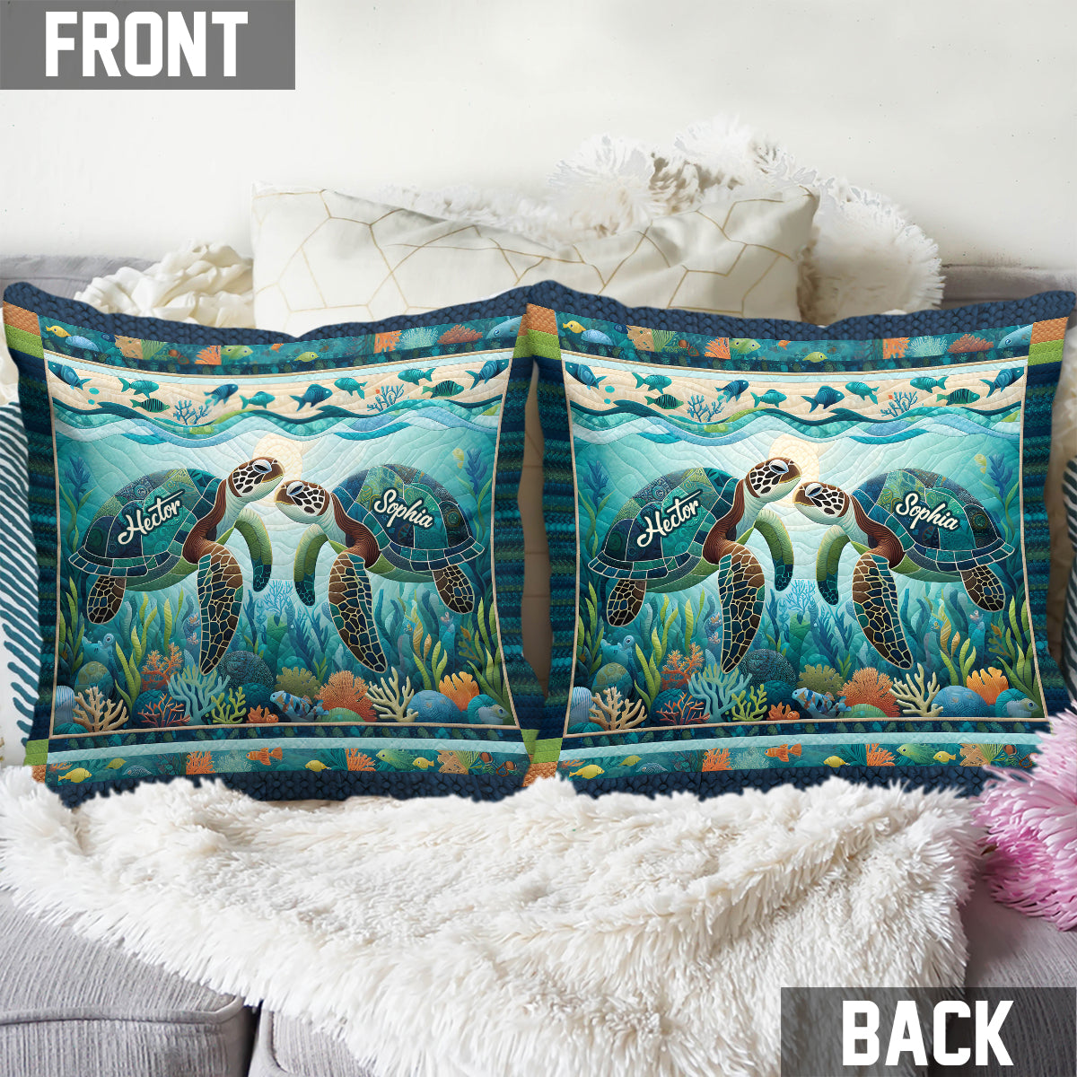 Toi, moi et la mer - Coussin décoratif personnalisé en forme de tortue