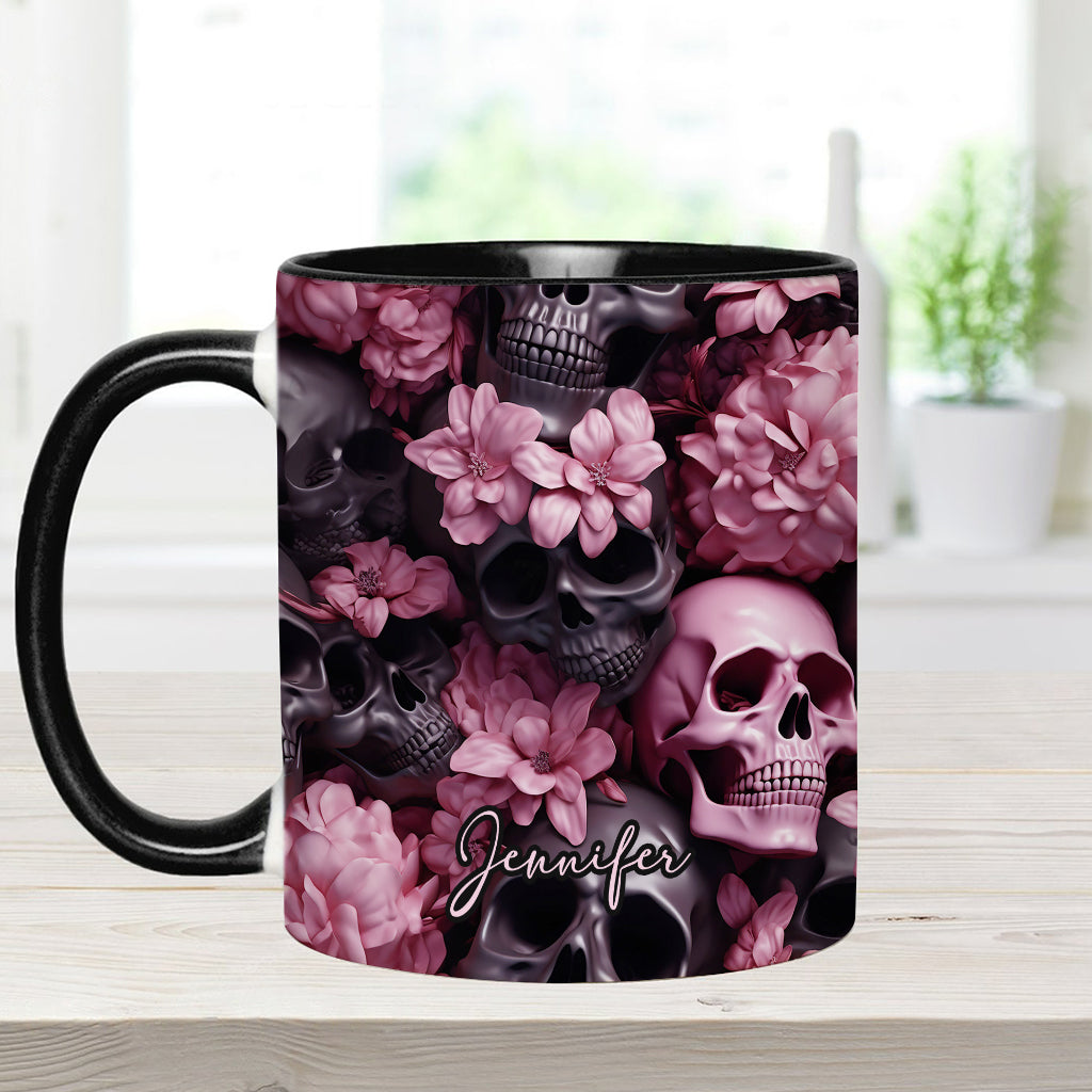 Pink Flowers Black Skulls - Personalized Skull Accent Mug