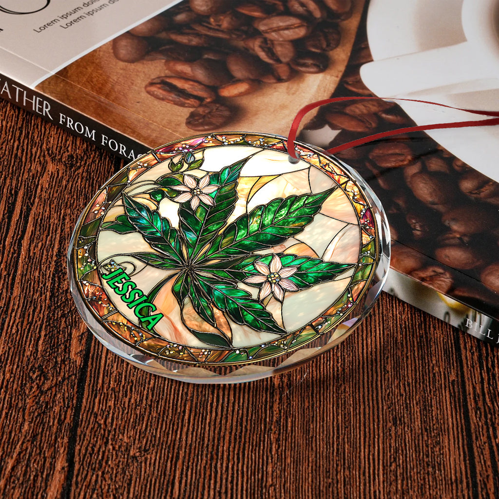 Ornement de Noël rond en verre personnalisé en forme de mauvaise herbe