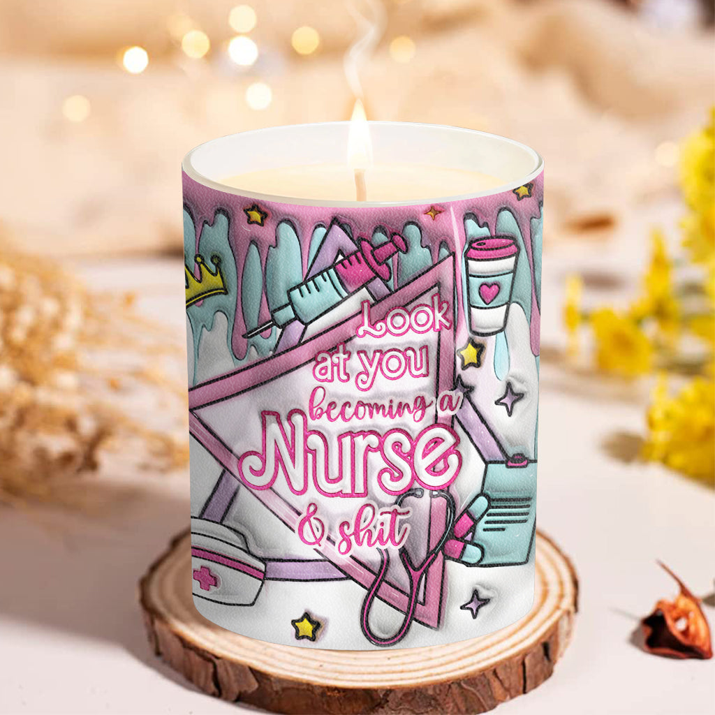 Regarde-toi devenir infirmière et tout ça - Bougie personnalisée pour infirmière avec couvercle en bois