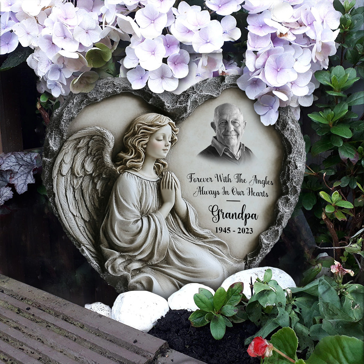 Forever With The Angles, Always In Our Hearts - Personalized Memorial Heart Shaped Stone