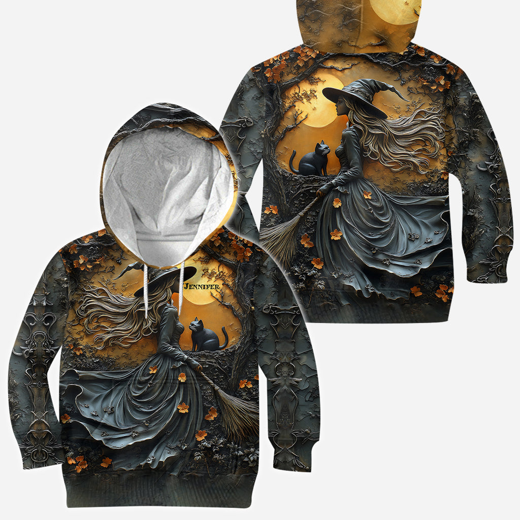 Belle sorcière et son chat noir - T-shirt personnalisé sorcière intégrale