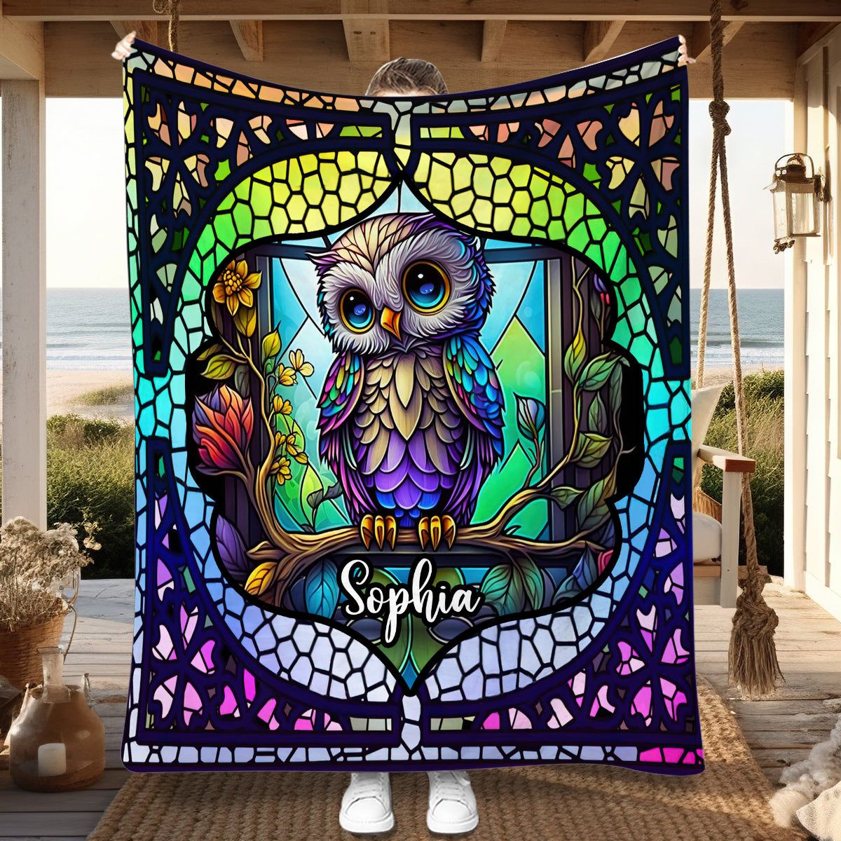 Couverture hibou personnalisée en vitrail - Couverture hibou personnalisée