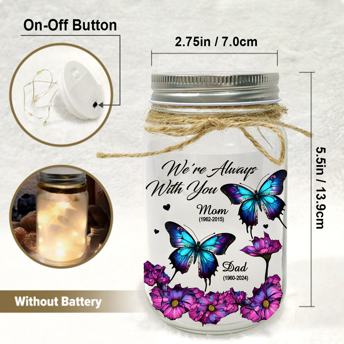 We're Always With You - Personalized Memorial Mason Jar Light