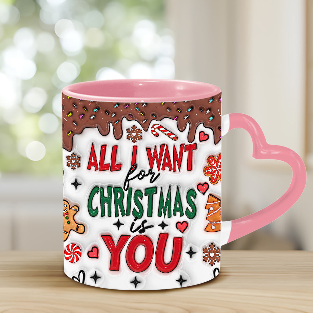 Tout ce que je veux pour Noël, c'est toi - Mug personnalisé pour couple avec anse en forme de cœur