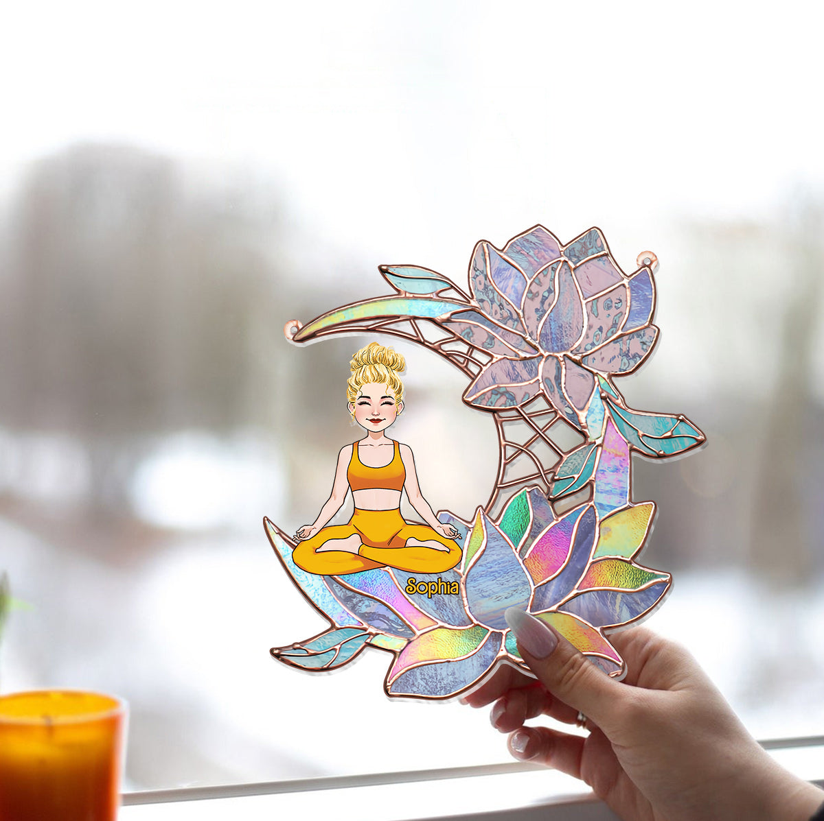 Yoga Girl On Lotus Moon - Personalized Yoga Window Hanging Suncatcher Ornament