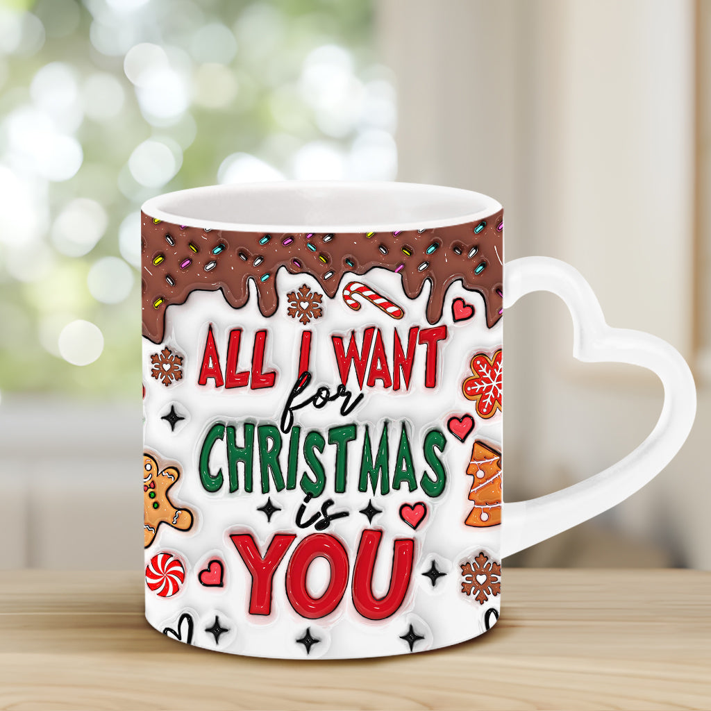 Tout ce que je veux pour Noël, c'est toi - Mug personnalisé pour couple avec anse en forme de cœur