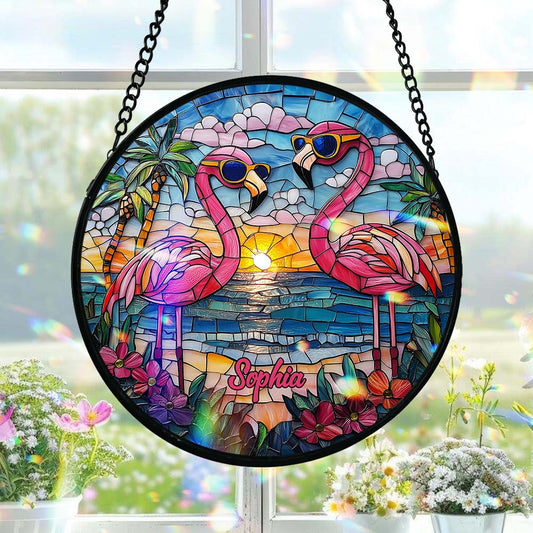 Magnifiques flamants roses - Attrape-soleil personnalisé en vitrail flamant rose