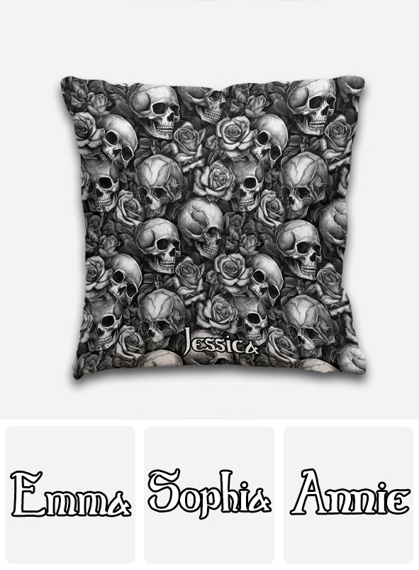 Coussin décoratif personnalisé Tête de mort Roses Noir et Blanc