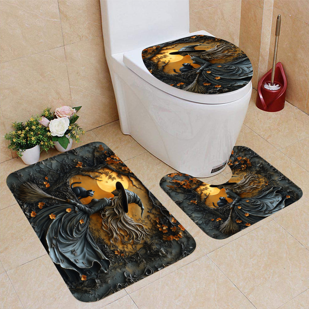 Beautiful Witch & Her Black Cat - Personalized Witch Bathroom Curtain & Mats Set