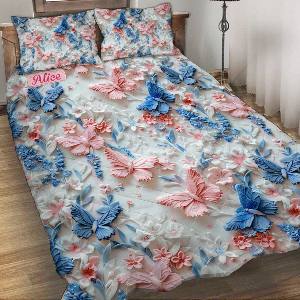 Pink And Blue Butterflies - Personalized Butterfly Quilt Set