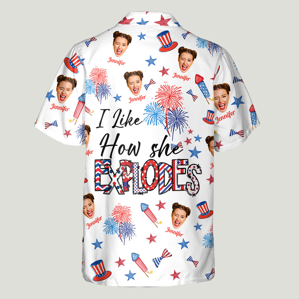 I Like How She Explodes, I Like How He Bangs - Personalized Couple Hawaiian Shirt