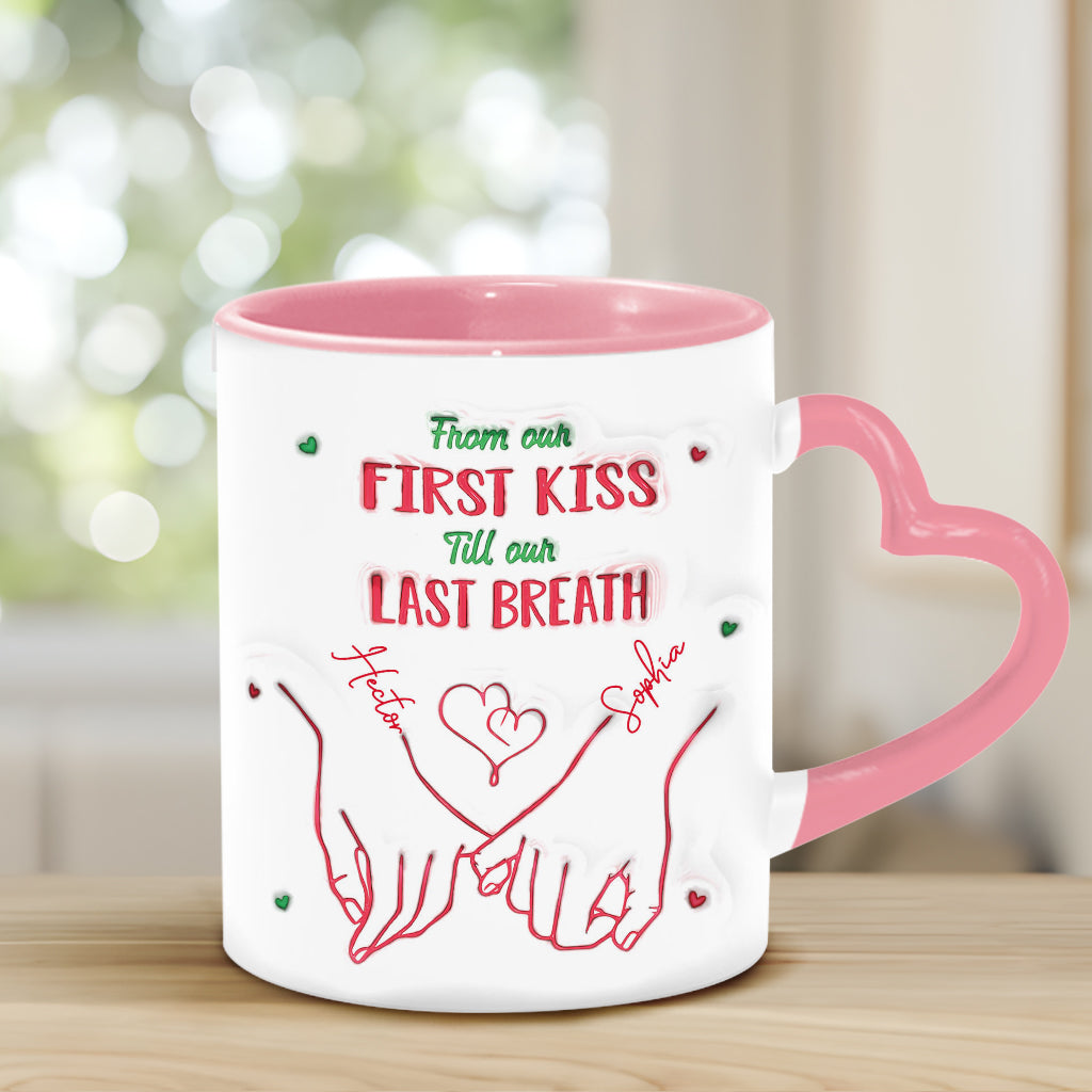 De notre premier baiser à notre dernier souffle - Mug personnalisé pour couple avec anse en forme de cœur