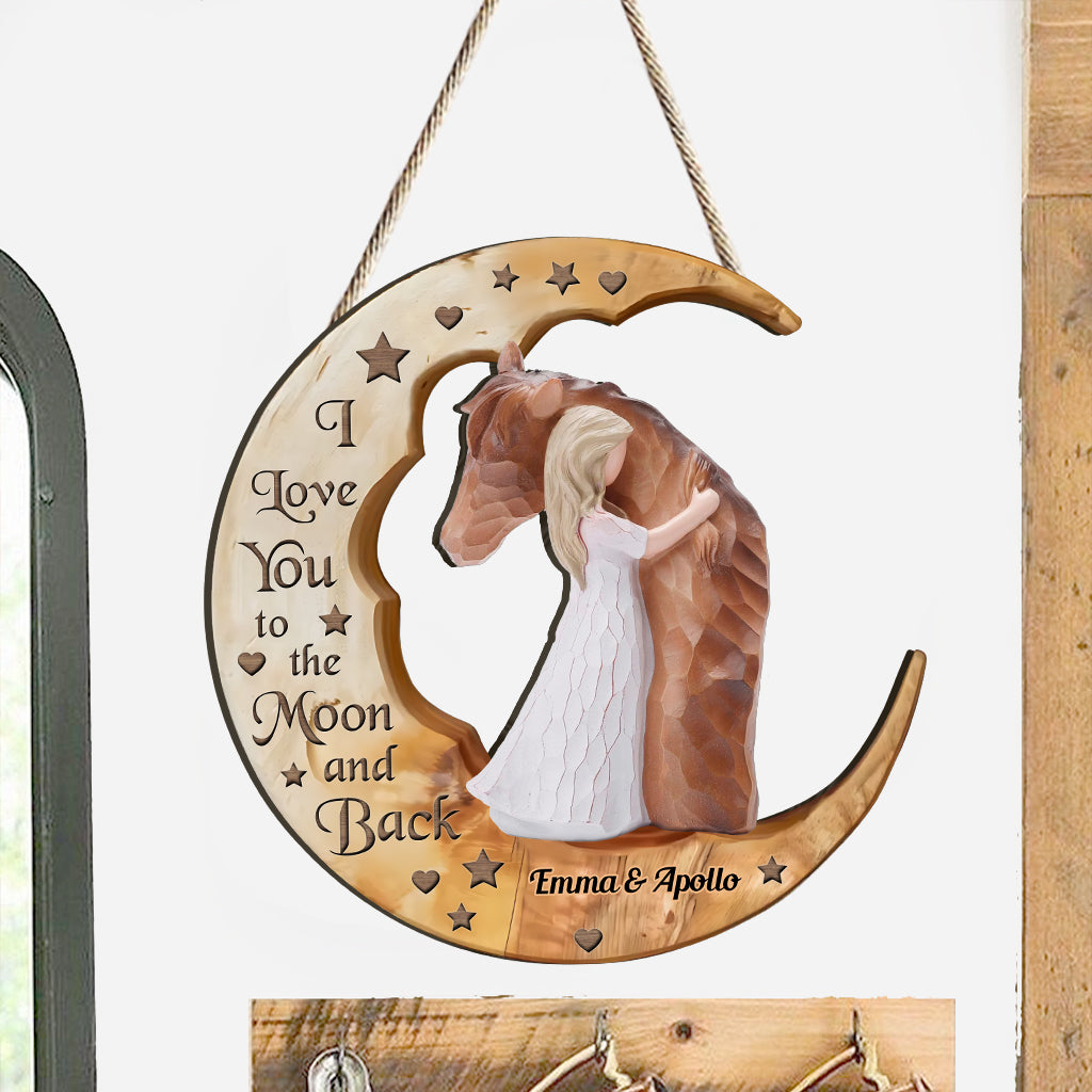 I Love You To The Moon - Personalized Horse Custom Shaped Wood Sign