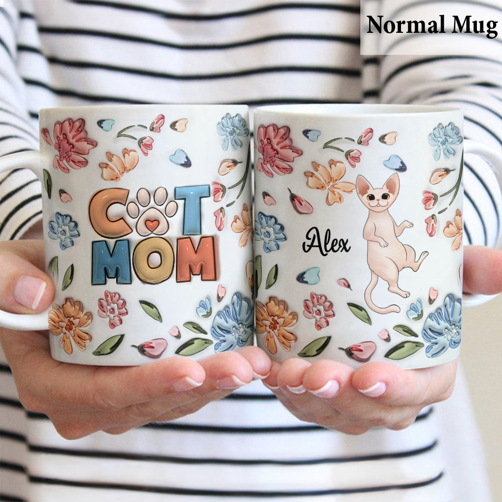 Mug gonflable personnalisé « Maman Chat » à motif floral pastel - Mug chat