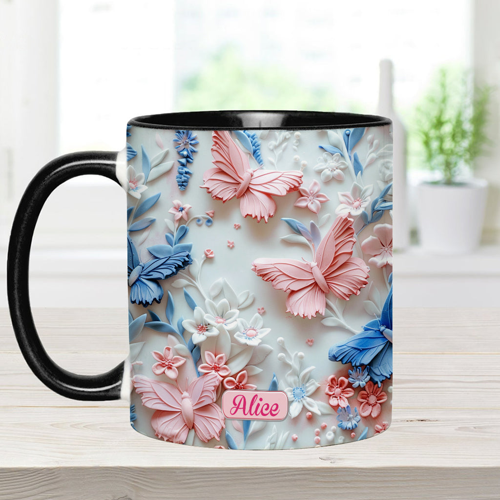 Mug personnalisé à motif papillons roses et bleus