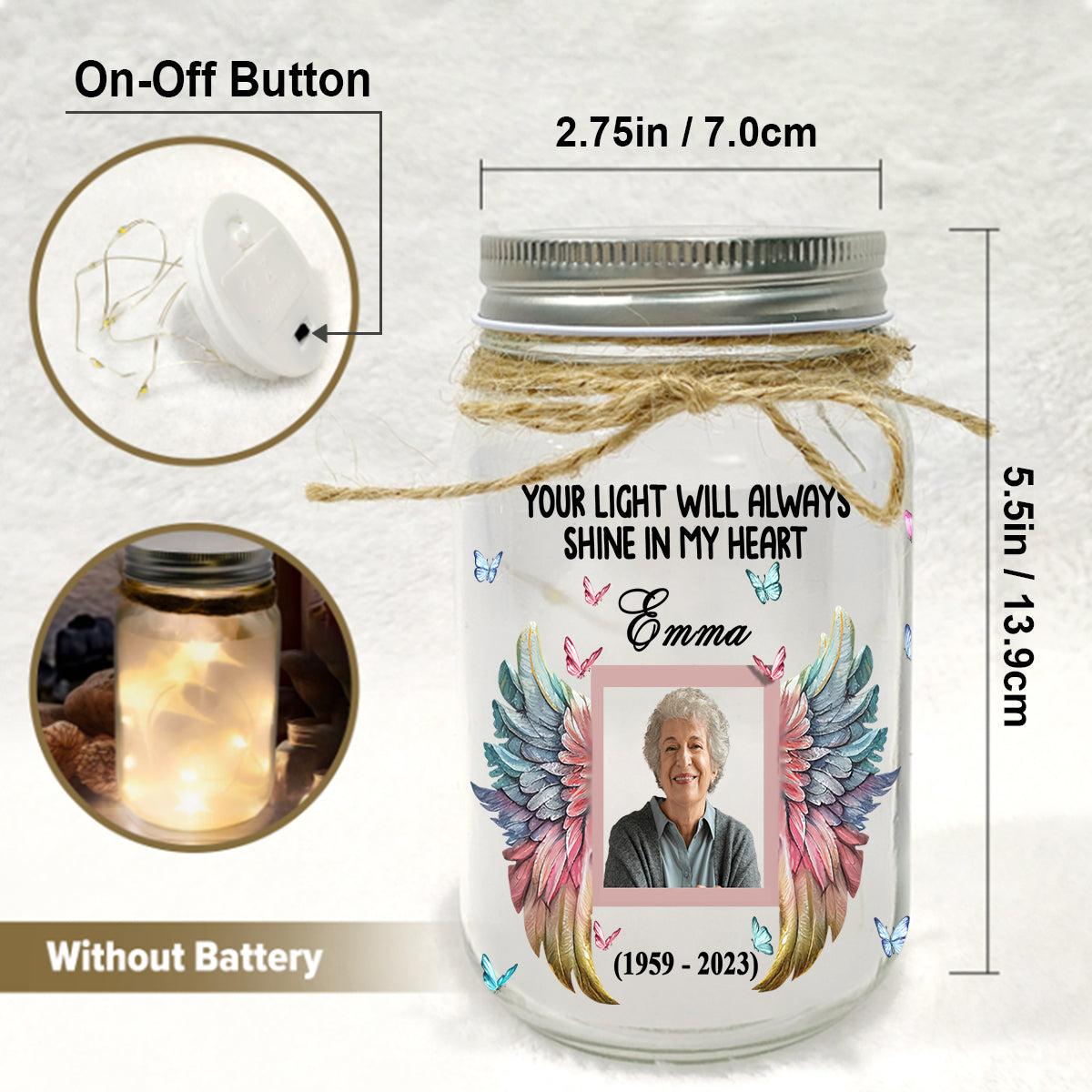 Ta lumière brillera toujours dans mon cœur - Lampe commémorative personnalisée en bocal Mason