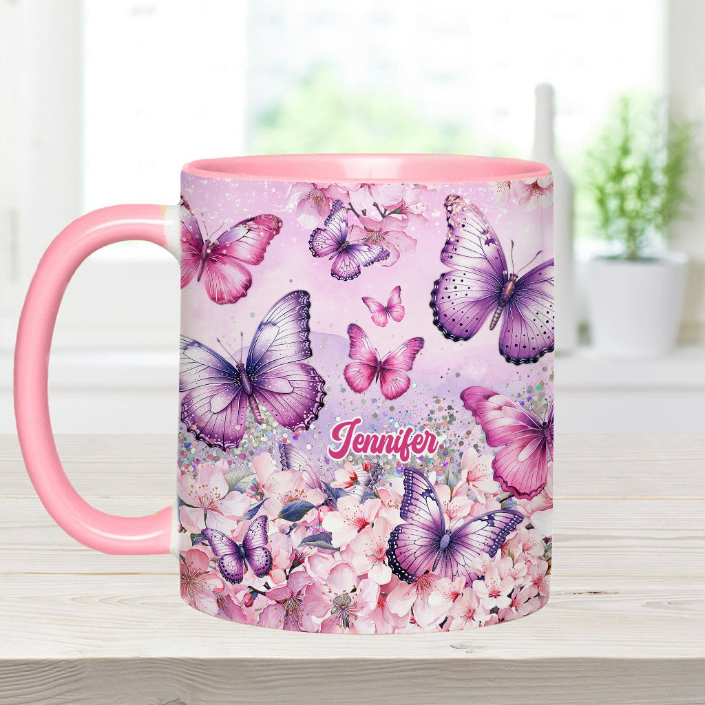 Mug personnalisé à motif papillon rose et floral