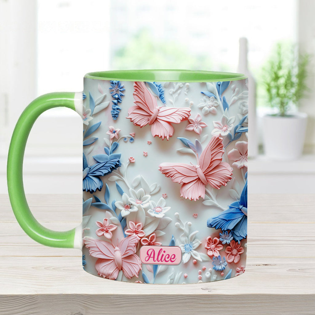 Mug personnalisé à motif papillons roses et bleus