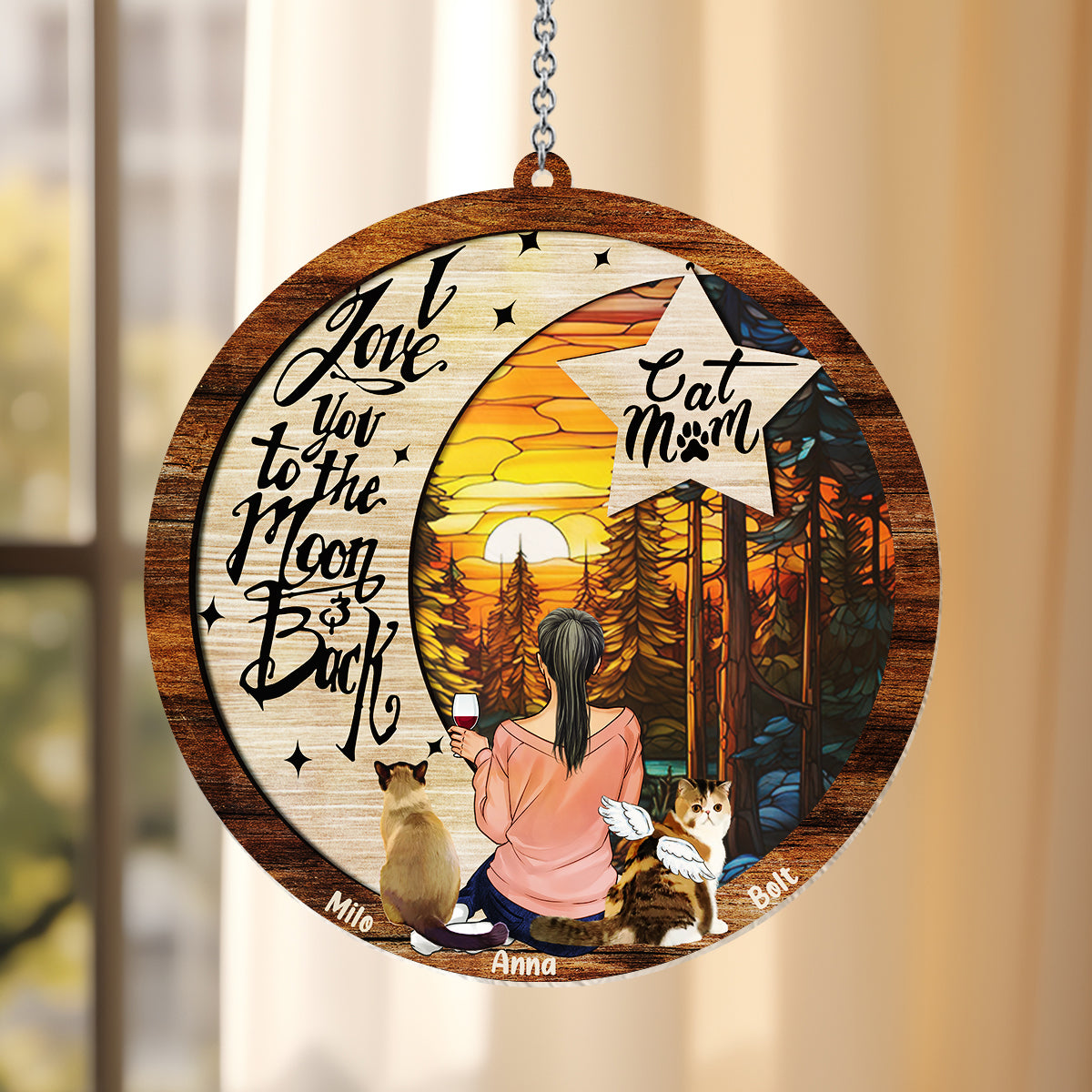 Je t'aime jusqu'à la lune et retour - Décoration attrape-soleil personnalisée pour fenêtre avec un chien