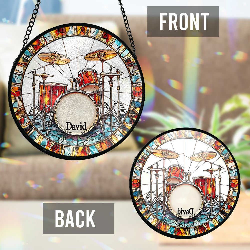 Love Drums - Attrape-soleil personnalisé en vitrail pour batteur