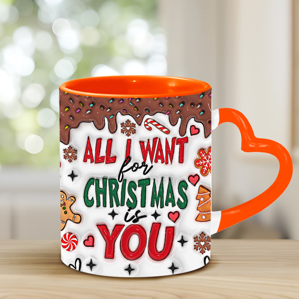 Tout ce que je veux pour Noël, c'est toi - Mug personnalisé pour couple avec anse en forme de cœur