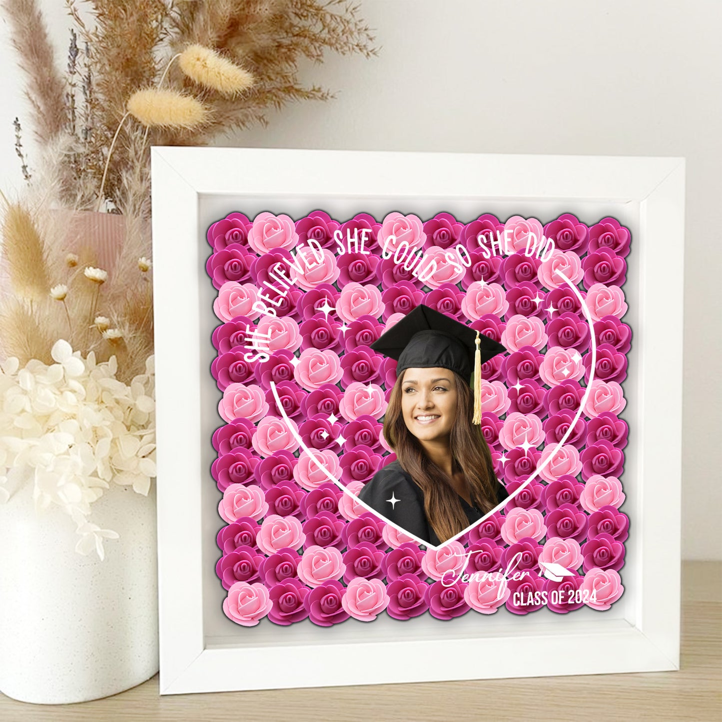 They Believed They Could So They Did - Personalized Graduation Custom Shaped Flower Shadow Box