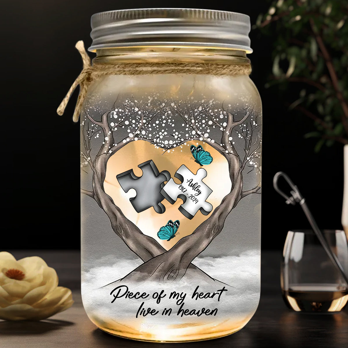 Lampe commémorative personnalisée en forme de bocal Mason, libellule et papillon - Plume céleste