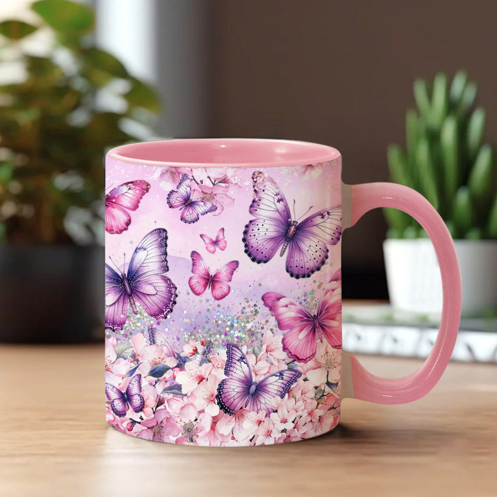 Mug personnalisé à motif papillon rose et floral