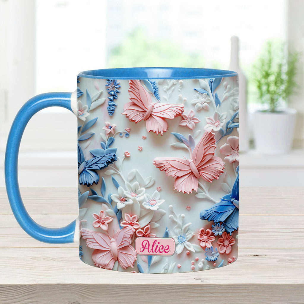 Mug personnalisé à motif papillons roses et bleus