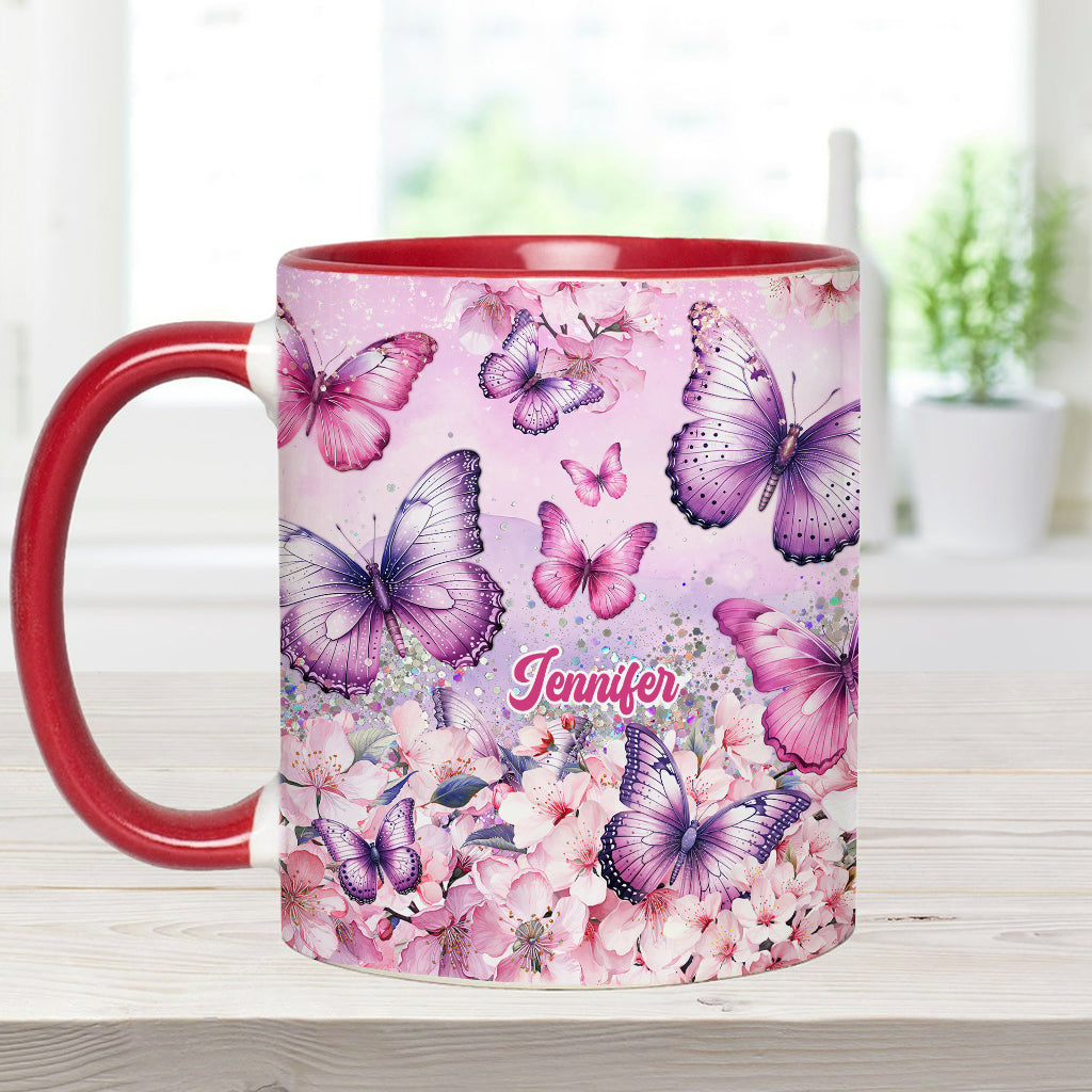 Mug personnalisé à motif papillon rose et floral