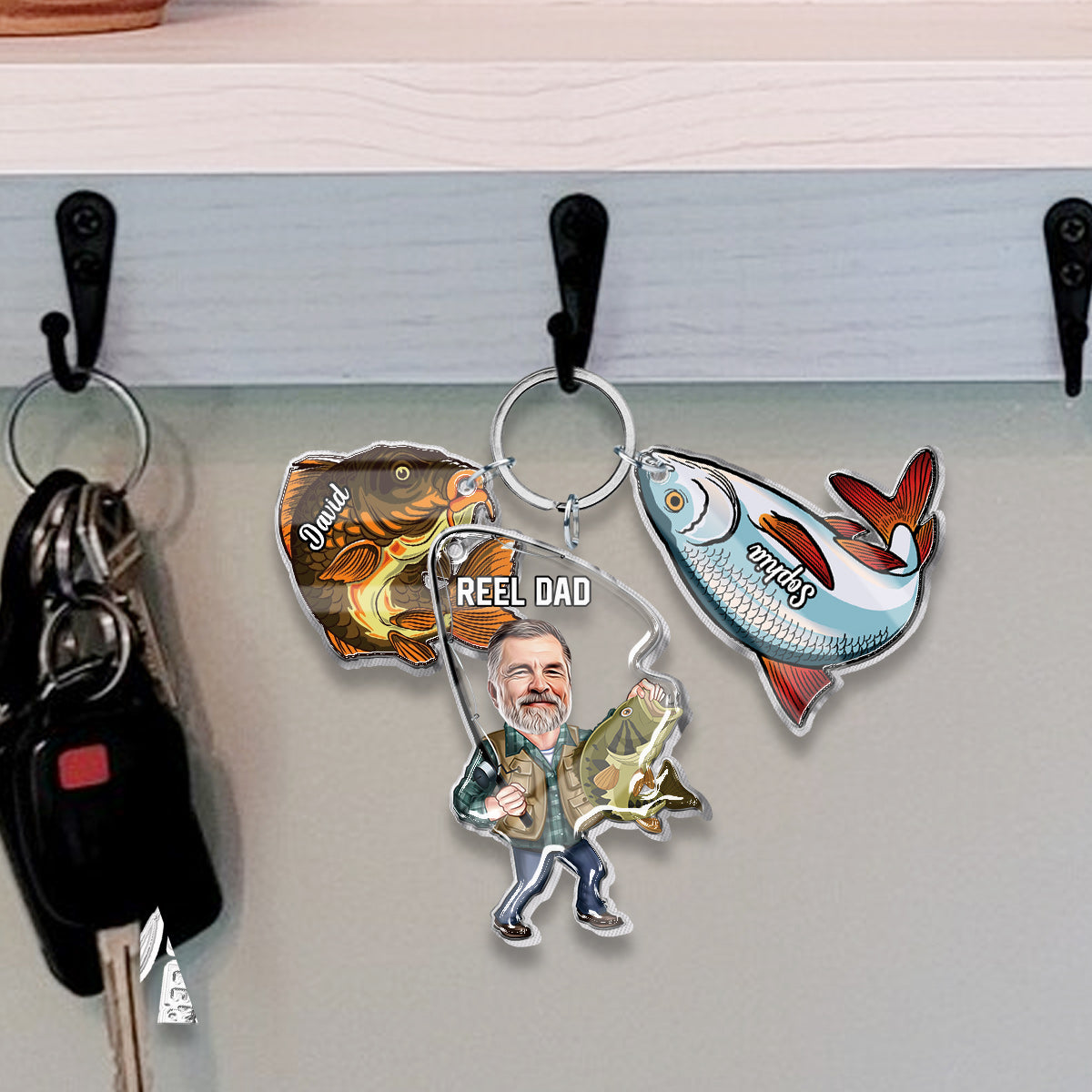 Reel Dad - Porte-clés de pêche personnalisé avec breloques