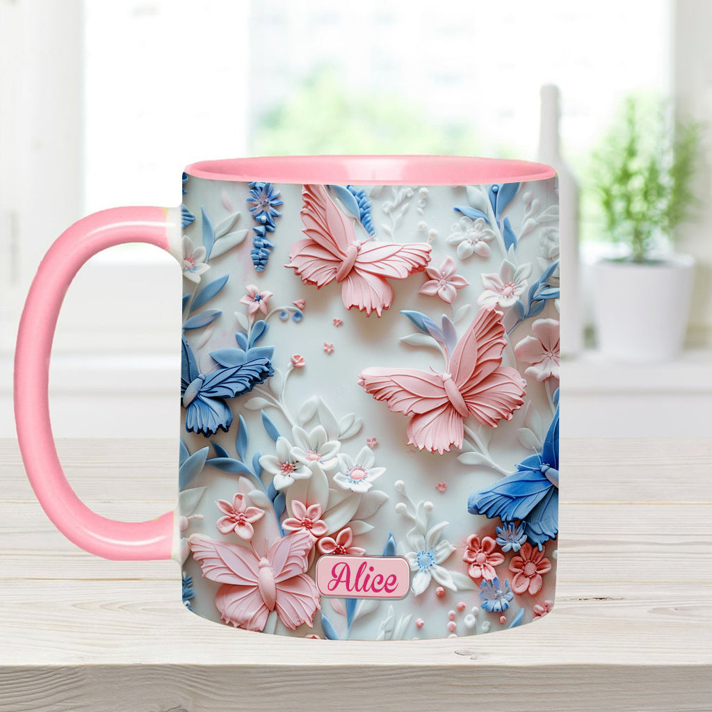 Mug personnalisé à motif papillons roses et bleus