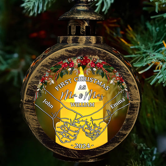 Premier Noël main dans la main - Lanterne ronde personnalisée pour couple avec lumière
