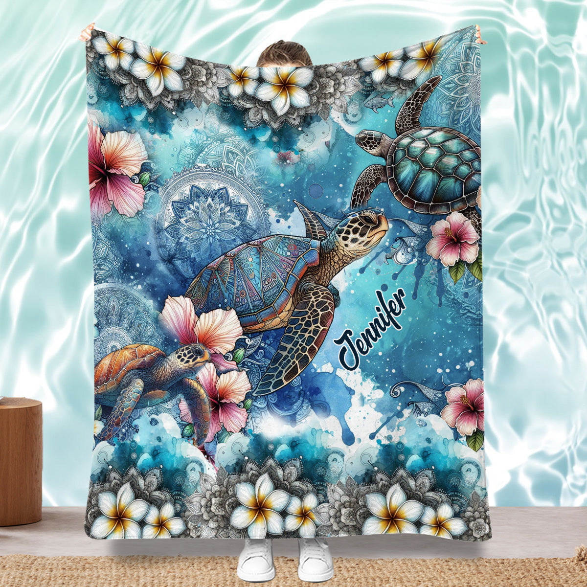 Couverture personnalisée Tortue marine Mandala Fleurs tropicales - Couverture Tortue