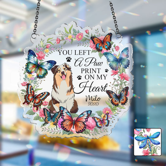 Tu as laissé une empreinte de patte sur mon cœur - Décoration attrape-soleil personnalisée pour fenêtre en forme de chien