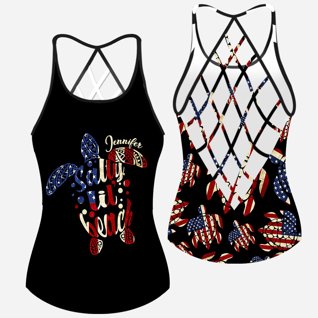 Salty Lil Beach 4th Of July Flag - Personalized Turtle Cross Tank Top