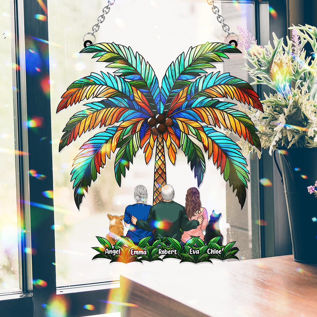 Famille sous le palmier - Décoration attrape-soleil personnalisée à suspendre à la fenêtre 