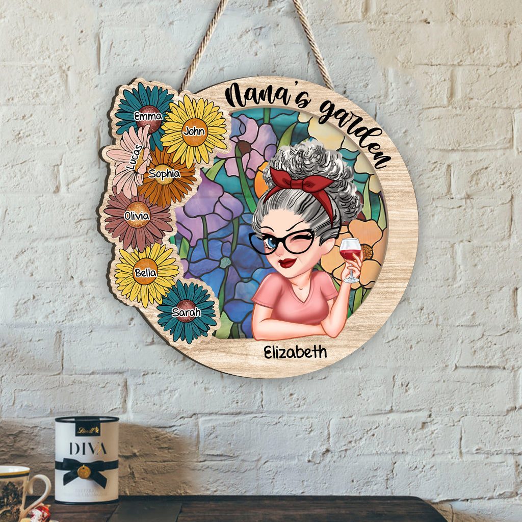 Jardin de grand-mère - Panneau en bois personnalisé en forme de grand-mère